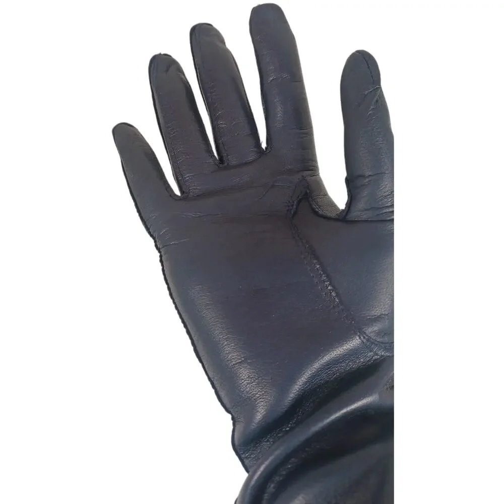 Vintage Made in Italy Dark Blue Leather Gloves with 100% Silk Lining, Size 7